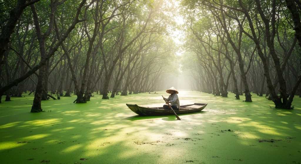 🌿 Ditching the Crowds: Chau Doc & Tra Su Cajuput Forest – Mekong's Wild Heartbeat! 🛶 Paddler in a conical hat on a sampan through Tra Su Cajuput Forest.