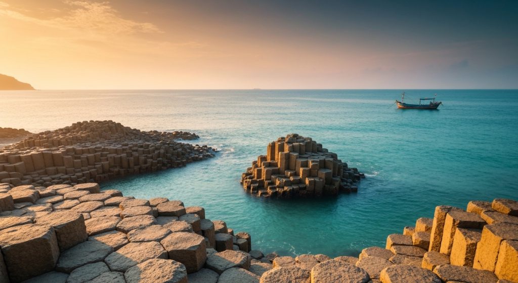 Phu Yen: The Vietnamese Coastal Secret I Almost Didn't Tell You About 🤫🌊 Ghenh Da Dia hexagonal basalt columns in Phu Yen, Vietnam, at golden hour