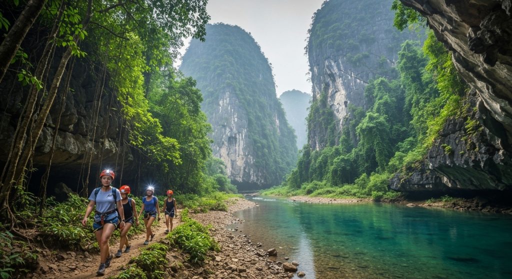 Beyond the Tourist Traps: My Wild Jungle & Cave Expedition in Tu Lan, Vietnam! 🤯🌿 Adventurous trekkers entering a majestic Tu Lan cave in Phong Nha jungle.