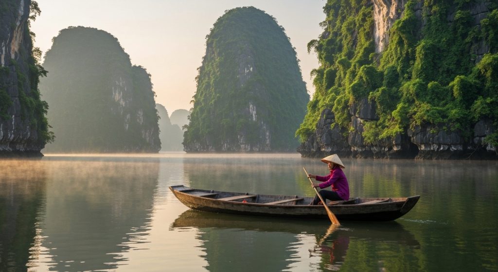 Vân Long: Ditching the Crowds for Ninh Bình's Serene Secret 🌿🛶 Traditional boat with rower on calm waters of Vn Long Wetland Nature Reserve.